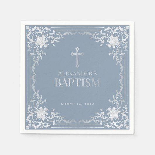 Jongen Doop Stoffig Blauw Elegant Faux Zilver Krui Servet (Voorkant)