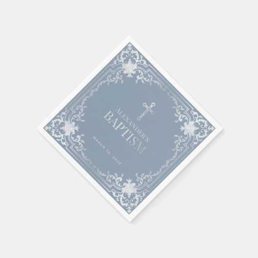 Jongen Doop Stoffig Blauw Elegant Faux Zilver Krui Servet (Hoek)