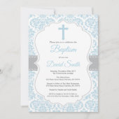 Jongen Doop Uitnodiging Blauw en Grijs Damast (Voorkant)
