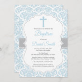 Jongen Doop Uitnodiging Blauw en Grijs Damast (Voorkant / Achterkant)