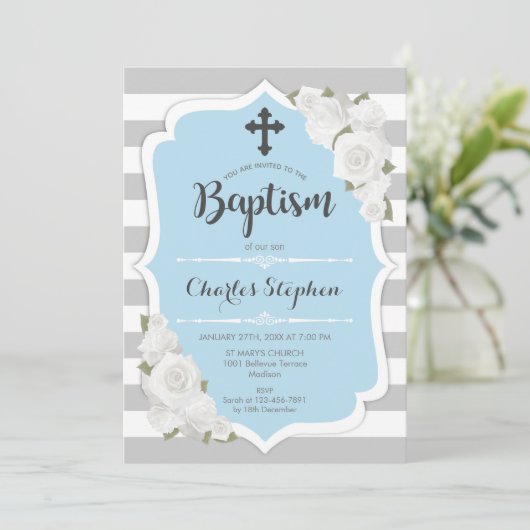 Jongen Doop Uitnodiging - Roze Blauw Wit (Staand voorkant)