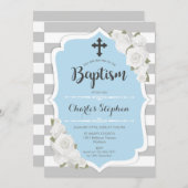 Jongen Doop Uitnodiging - Roze Blauw Wit (Voorkant / Achterkant)