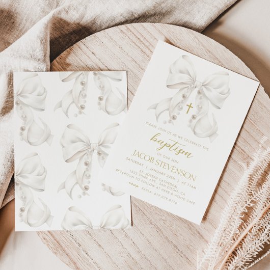 Jongen doop uitnodiging, witte boog eerste communi kaart