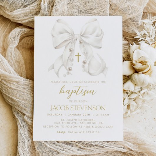 Jongen doop uitnodiging, witte boog eerste communi kaart