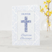 Jongen Doop Zegeningen Blauw Kruis Damast Swirls Kaart (Gele Bloem)