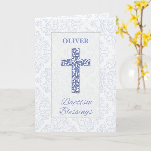 Jongen Doop Zegeningen Blauw Kruis Damast Swirls Kaart (Gele Bloem)