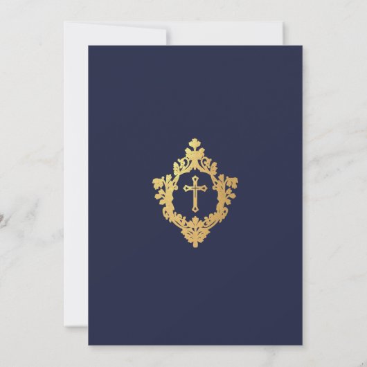 Jongen Dop Navy Blauw Faux Gold Crest Cross Script Kaart (Achterkant)