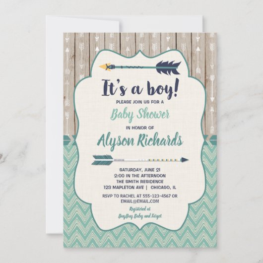 Jongen doucheuitnodigingen, stampijl blauwgroen kaart (Voorkant)