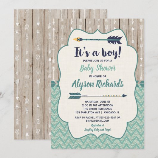 Jongen doucheuitnodigingen, stampijl blauwgroen kaart (Voorkant / Achterkant)