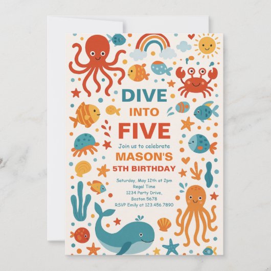 Jongen duikt in vijf 5e verjaardagsfeestje kaart (Voorkant)