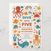 Jongen duikt in vijf 5e verjaardagsfeestje kaart (Voorkant / Achterkant)