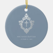 Jongen Dusty Blauw  Kruis in Crest Keramisch Ornament (Voorkant)