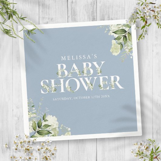 Jongen Dusty Blue Greenery Foliage Baby shower Servet