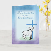 Jongen eerste bekentenis, lam, kruis op blauwe ach kaart (Gele Bloem)