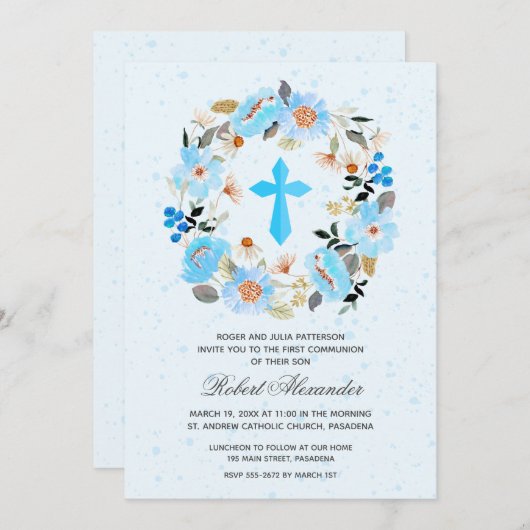 Jongen eerste commune Waterverf Blauwe Floral Invi (Voorkant / Achterkant)