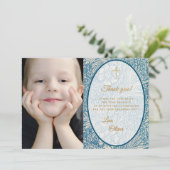 Jongen Eerste Communie Blauw Bloemen Gouden Foto Bedankkaart (Staand voorkant)