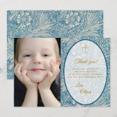 Jongen Eerste Communie Blauw Bloemen Gouden Foto Bedankkaart (Voorkant / Achterkant)