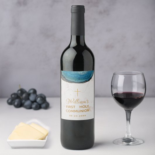 Jongen Eerste Communie Blauw Geode Marmer Goud Kru Wijn Etiket