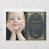 Jongen Eerste Communie  Blauw Goud Foto Bedankkaart (Voorkant)