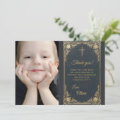 Jongen Eerste Communie  Blauw Goud Foto Bedankkaart (Staand voorkant)