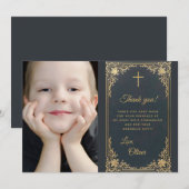 Jongen Eerste Communie  Blauw Goud Foto Bedankkaart (Voorkant / Achterkant)