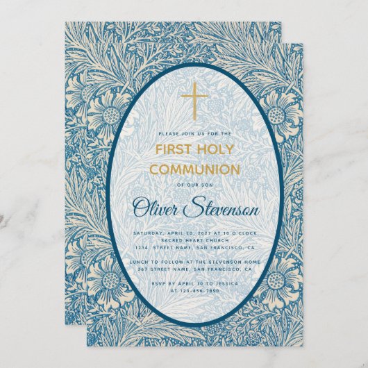 Jongen Eerste Communie Blauwe Bloemen Marigold Mor Kaart (Voorkant / Achterkant)