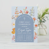 Jongen Eerste Communie Blauwe Boog Wildflowers Blo Kaart (Staand voorkant)