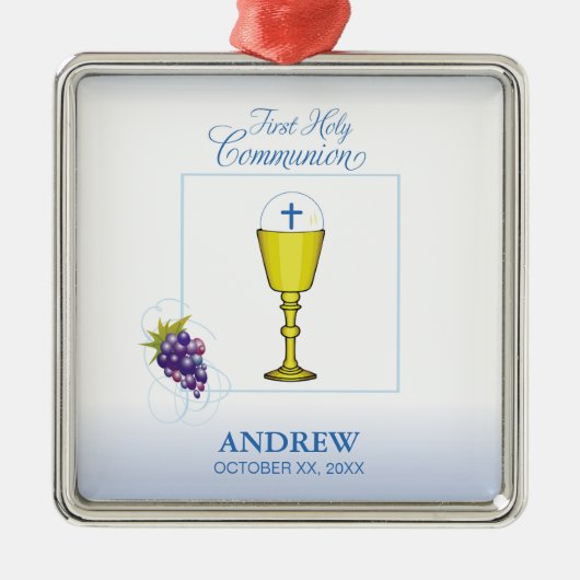 Jongen Eerste Communie, Chalice met host en Grapes Metalen Ornament (Voorkant)