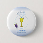 Jongen Eerste Communie, Chalice met host en Grapes Ronde Button 5,7 Cm (Voorkant)