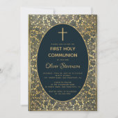 Jongen Eerste Communie Elegante Blauw Goud Bladere Kaart (Voorkant)