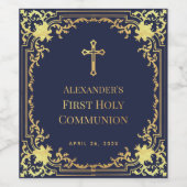 Jongen Eerste Communie Marine Blauw Faux Goud Eleg Wijn Etiket (Enkel label)