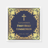 Jongen eerste communie marine blauw faux gouden kr servet (Voorkant)