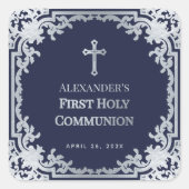 Jongen Eerste Communie Navy Blauw  Faux Zilver Vierkante Sticker (Voorkant)
