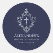 Jongen Eerste Communie Navy Blue  Cross Crest Ronde Sticker (Voorkant)
