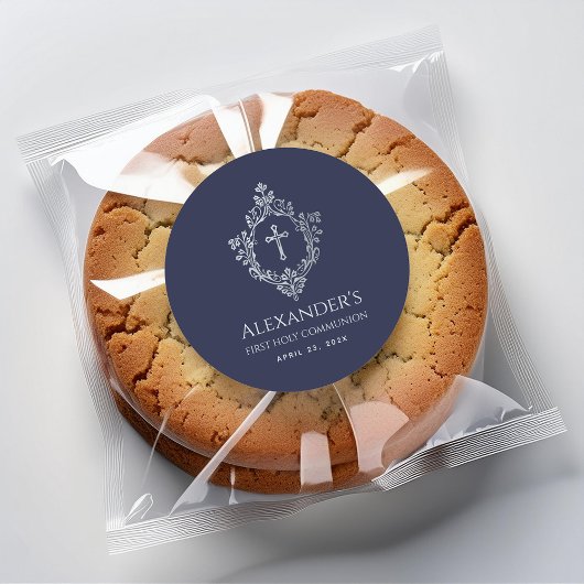 Jongen Eerste Communie Navy Blue  Cross Crest Ronde Sticker