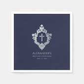 Jongen Eerste Communie Navy Blue  Cross Crest Servet (Voorkant)