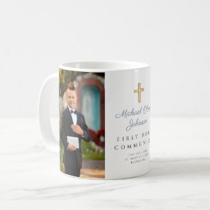 Jongen Eerste Communie Religieus Kruis Foto Koffiemok
