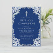 Jongen Eerste Communie Royal Blue  Bladeren Kaart (Staand voorkant)