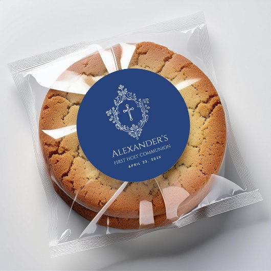Jongen Eerste Communie Royal Blue  Crest Cross Ronde Sticker