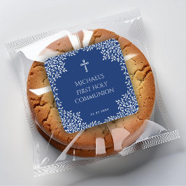 Jongen Eerste Communie Royal Blue Faux Zilveren Bl Vierkante Sticker