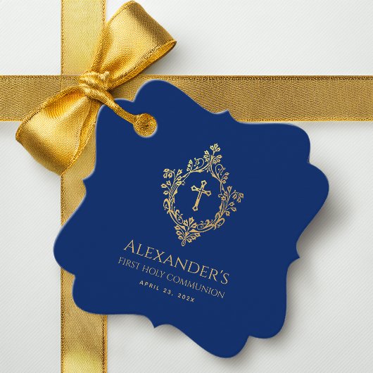 Jongen Eerste Communie Royal Blue Gold Crest Bedankjes Labels