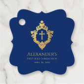 Jongen Eerste Communie Royal Blue Gold Crest Bedankjes Labels (Voorkant)