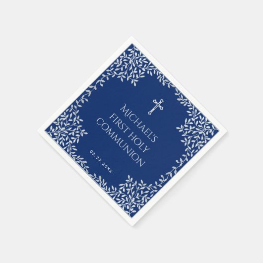 Jongen Eerste Communie Royal Blue Silver Leaves Cr Servet (Hoek)