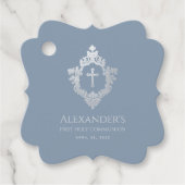 Jongen Eerste Communie Stoffig Blauw Elegant Kreef Bedankjes Labels (Voorkant)