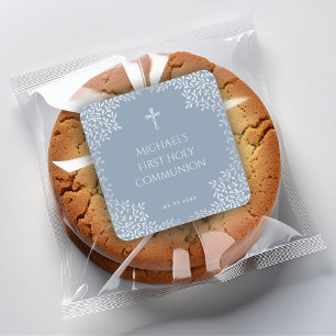 Jongen Eerste Communie Stoffig Blauw Faux Zilveren Vierkante Sticker