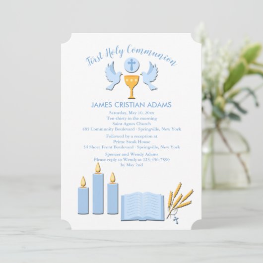 Jongen eerste communie uitnodiging (Staand voorkant)