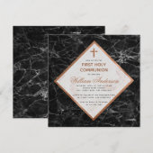 Jongen Eerste Communie Wit Zwart Marmer Koper Kaart (Voorkant / Achterkant)