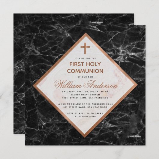 Jongen Eerste Communie Wit Zwart Marmer Koper Kaart (Voorkant / Achterkant)