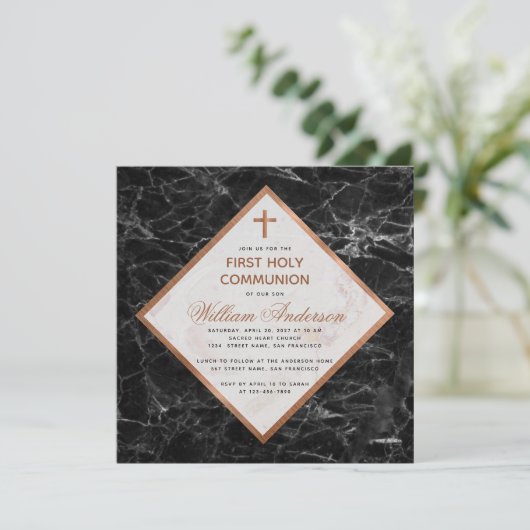 Jongen Eerste Communie Wit Zwart Marmer Koper Kaart (Staand voorkant)