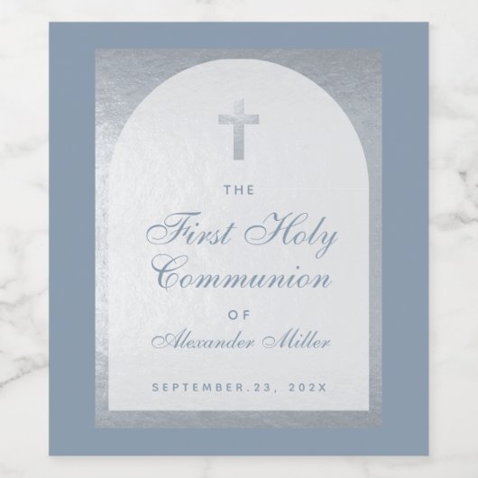 Jongen eerste communiqué puin blauw faux zilver Ar Wijn Etiket (Enkel label)